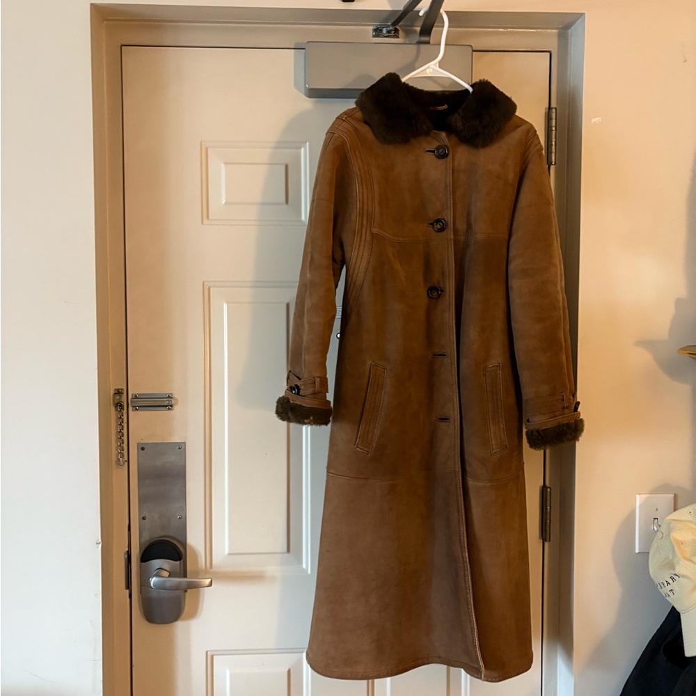 Unique Vintage Brown Shearling Long Coat with Dark Brown Fur Trim